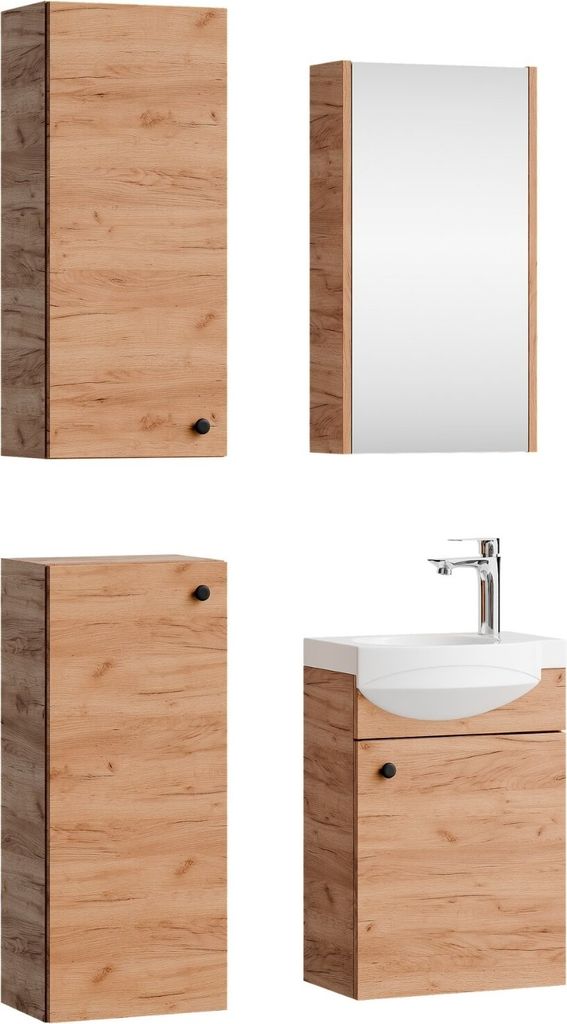 Planetmöbel Badmöbel-Set Waschtisch mit Unterschrank 40 cm, Spiegelschrank 40 cm & 2X Midischränke Gold Eiche