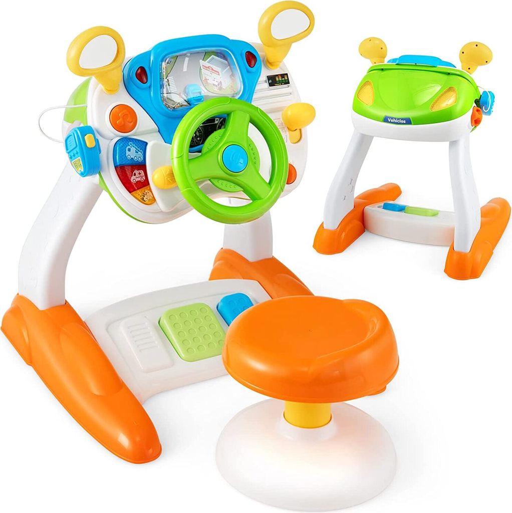 GOPLUS Kinderspielzeug mit Lenkrad, Interaktives Fahrspielzeug mit Lichtern und Geräuschen, Megaphon und Hocker, Lernspielzeug