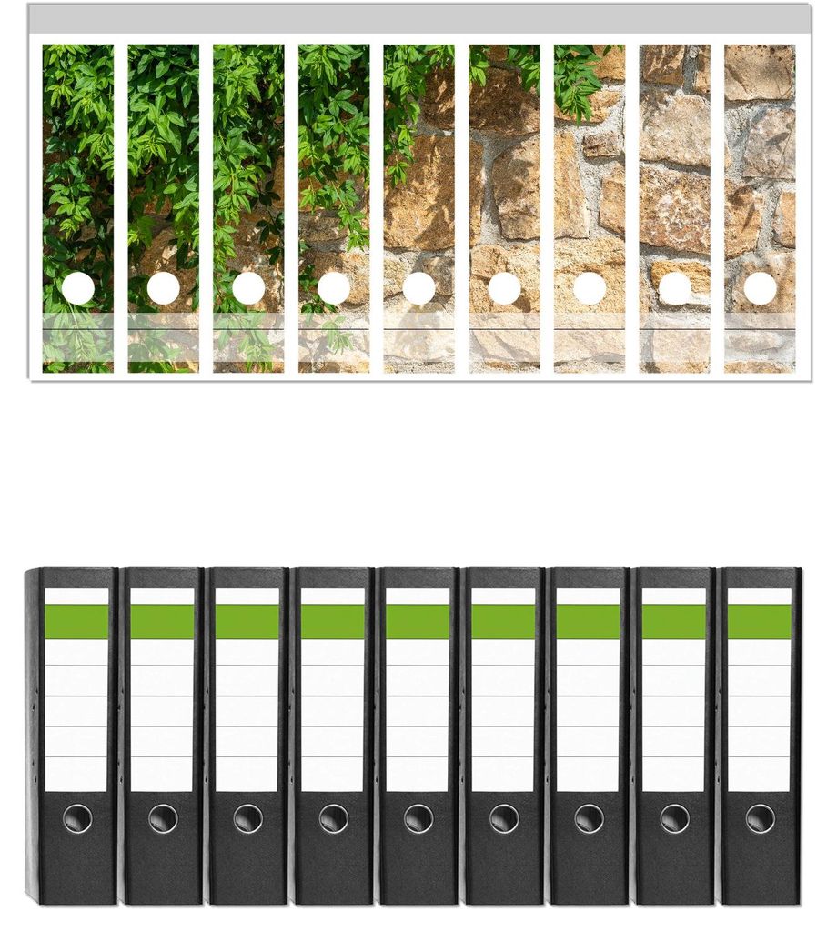 Wallario 9 Stück breite Ordner inkl. Klebeetiketten mit Motive Natursteinwand mit Ranken - Set mit Rückenschildern / Ordnerrücken Stickern