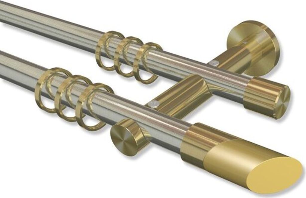 Interdeco Gardinenstange, Vorhangstange Edelstahl-Optik / Messing-Optik Modell Platon Verano, 20 mm Ø 2-läufig, 540 cm (geteilt)