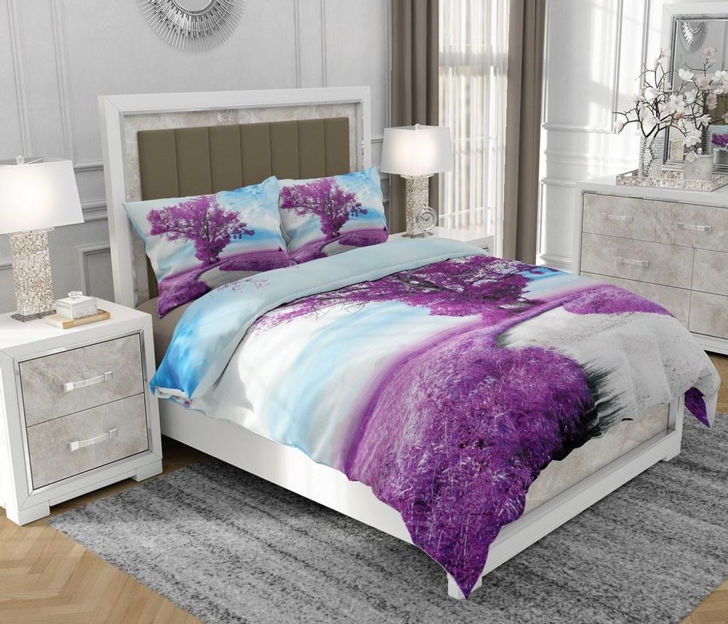 Bettwäsche 140x200 cm + 2x70x80 cm, 3-teilig, 100% Baumwolle, Satin, Reißverschluss, Blumen, Violett - SOVIO | So.0083