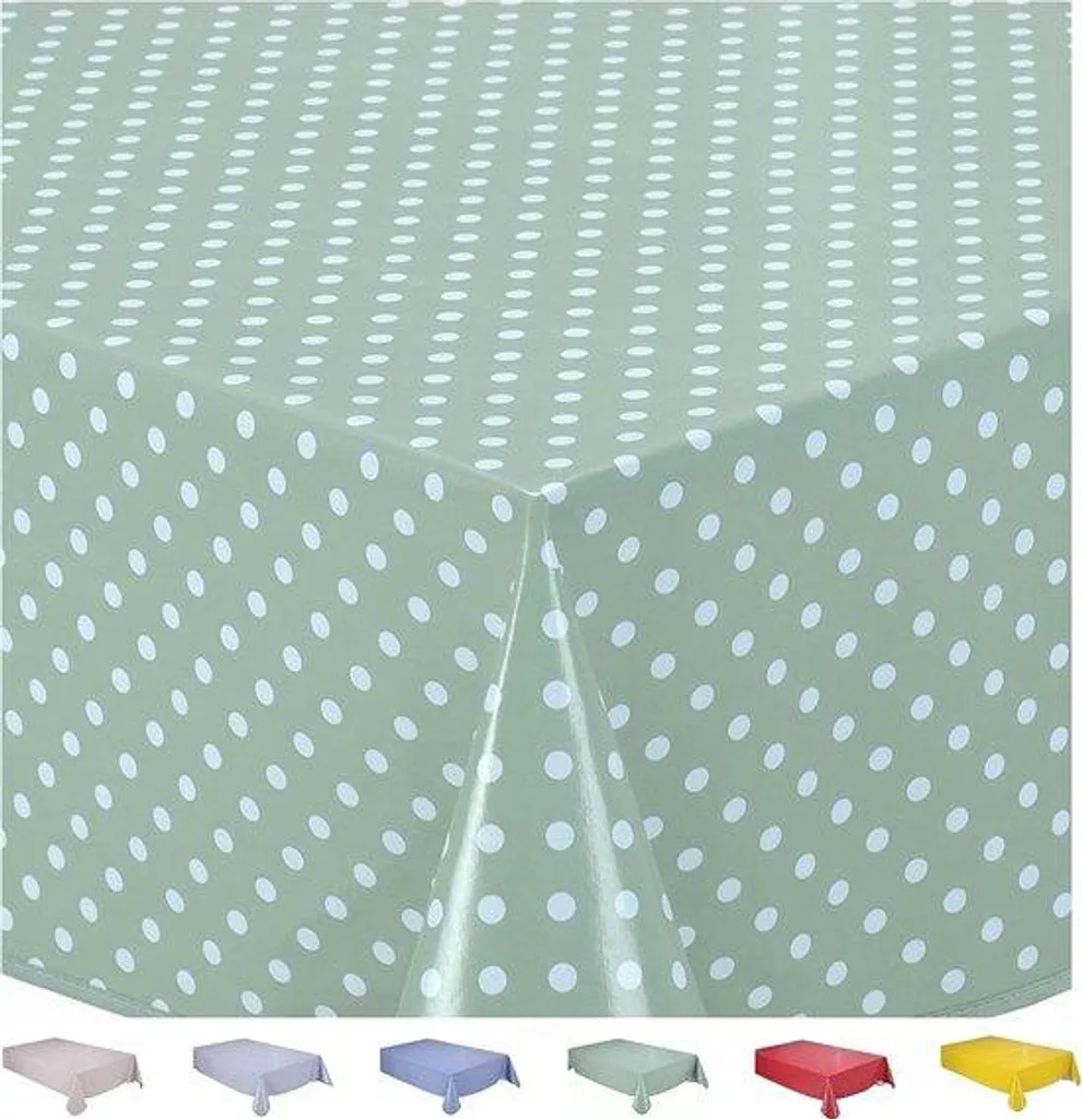 Nappe vert sauge 140x240 cm lavable à petits pois pour table rectangulaire