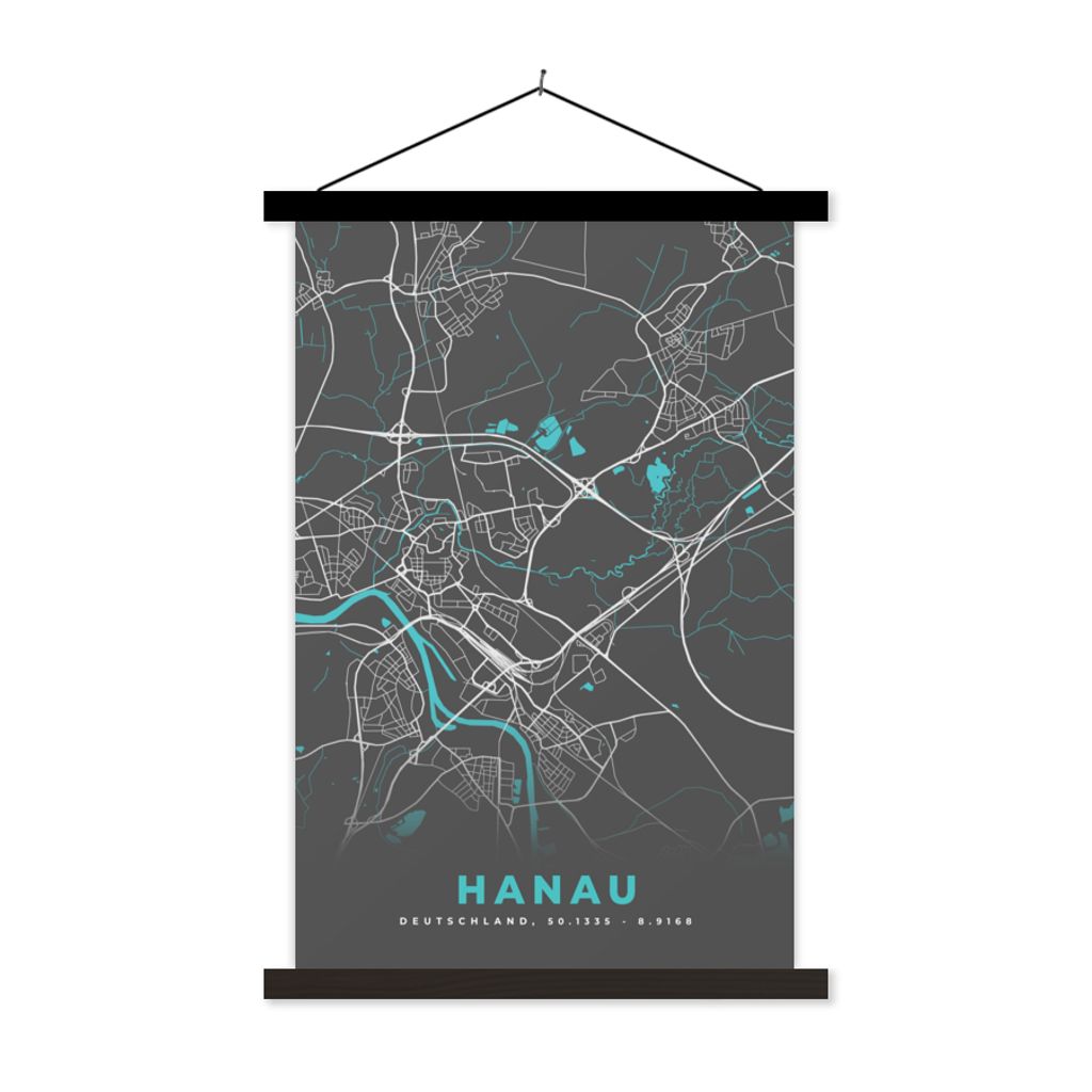 MuchoWow Textilposter Hanau - Stadtplan - Blau - Karte - Deutschland 60x90 cm mit schwarzem Rahmen - Poster Wohnzimmer