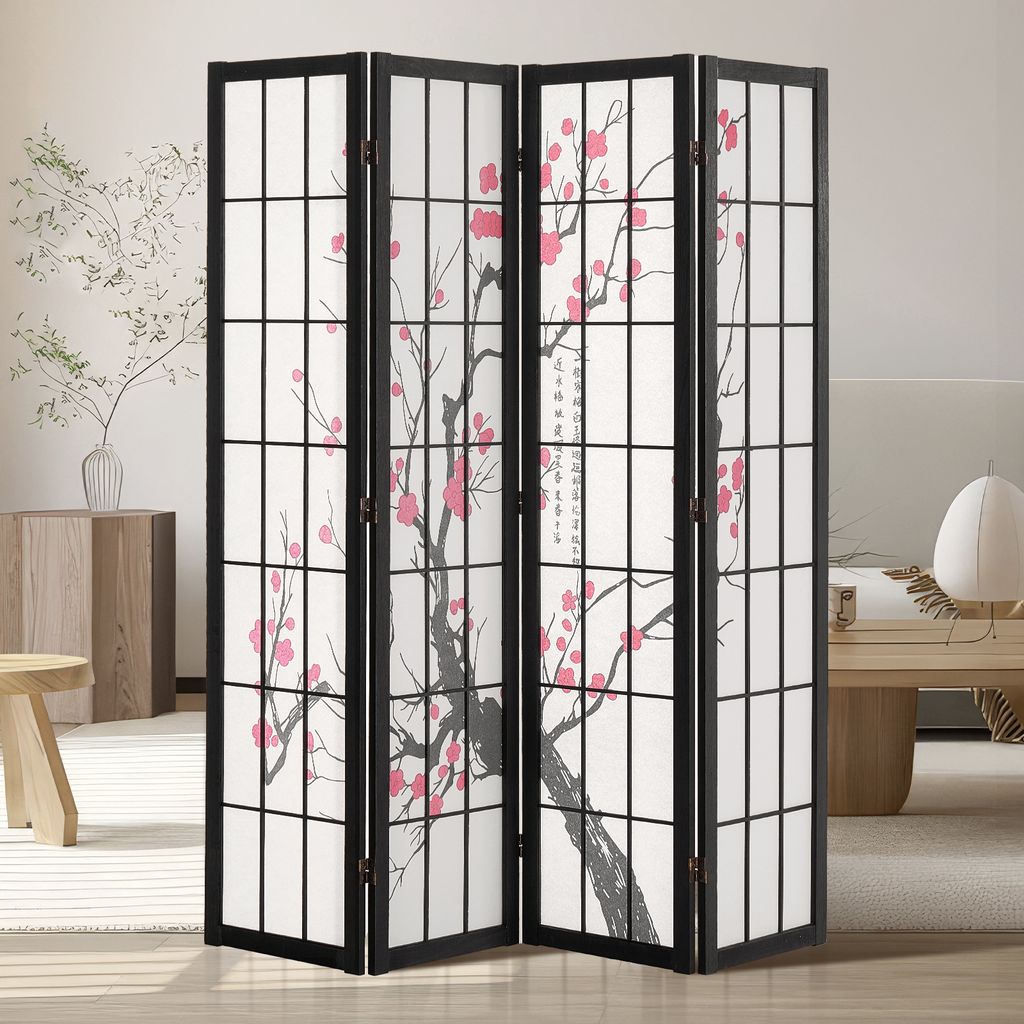 A four-panel folding screen with a Japanese cherry blossom design, set in a well-lit room with furniture.