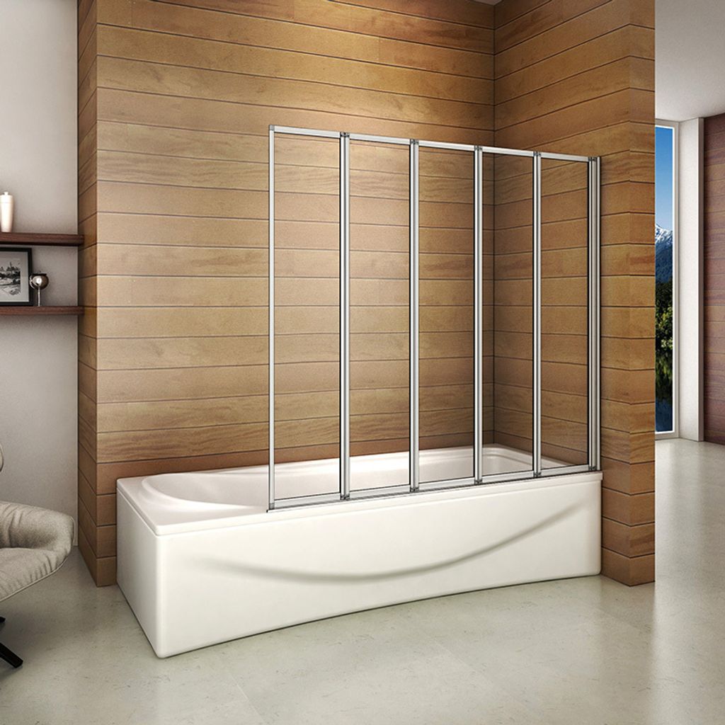A modern bathroom with a bathtub and a folding shower screen.