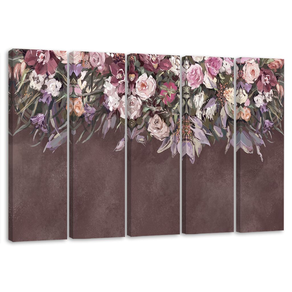 5-teiliges leinwandbild überwucherte blumen 200x100 cm Feeby braun wandbild bereit zum aufhängen