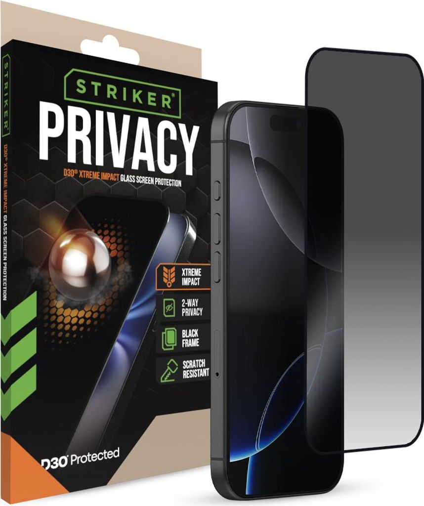 Striker Xtreme Impact Privacy iPhone 16 Pro Panzerglas Gehärtetes Glas Displayschutz Privacy - Hüllenfreundlich - Schwarz
