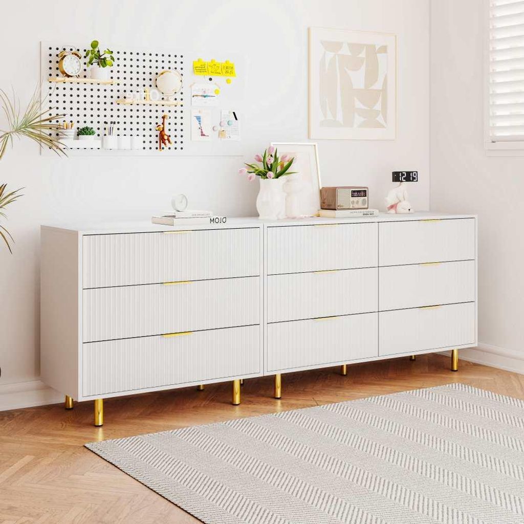 Kommode 9 Schubladen Weiß Gold Sideboard Modern Design Aufbewahrungsschrank Wohnzimmer 200cm