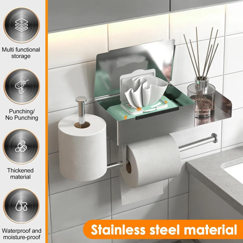 Support papier WC inox sans perçage avec compartiment de rangement