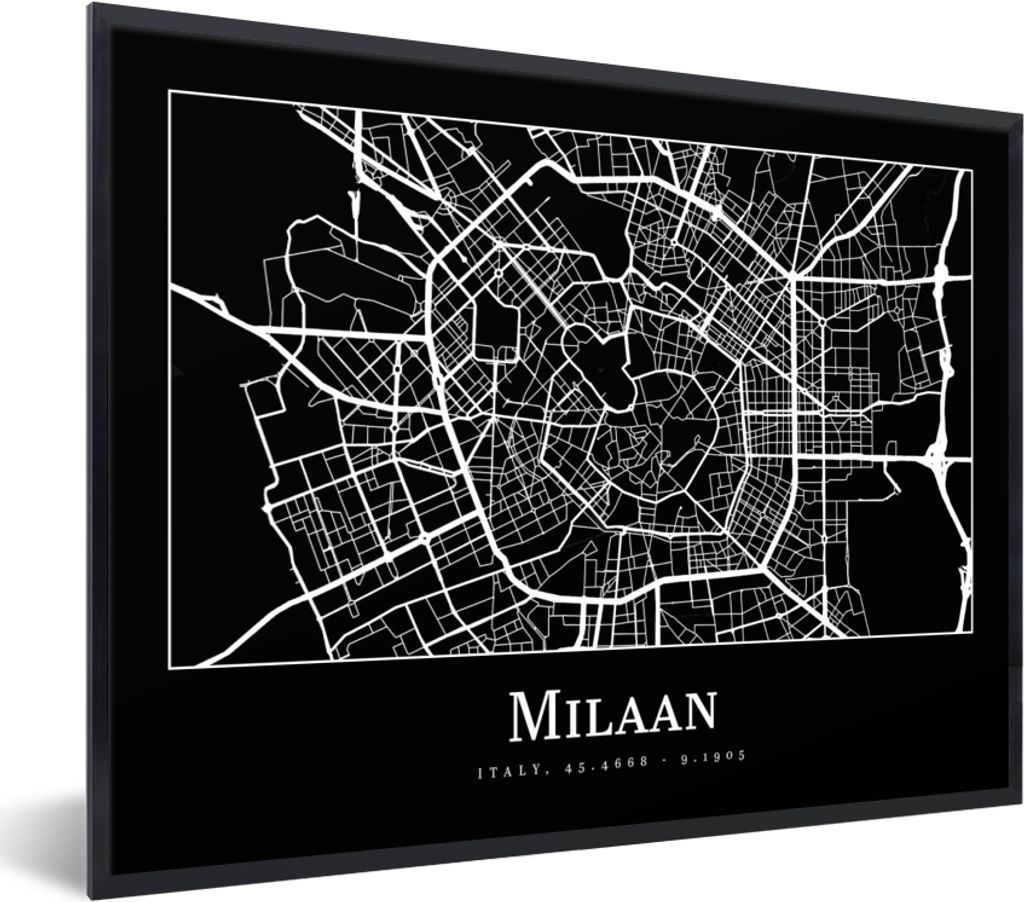 MuchoWow Gerahmtes Poster Mailand - Karte - Stadtplan 40x30 cm - Poster mit Schwarzem Bilderrahmen Wandposter Rahmen Foto Bilder - Kunstposter - ...