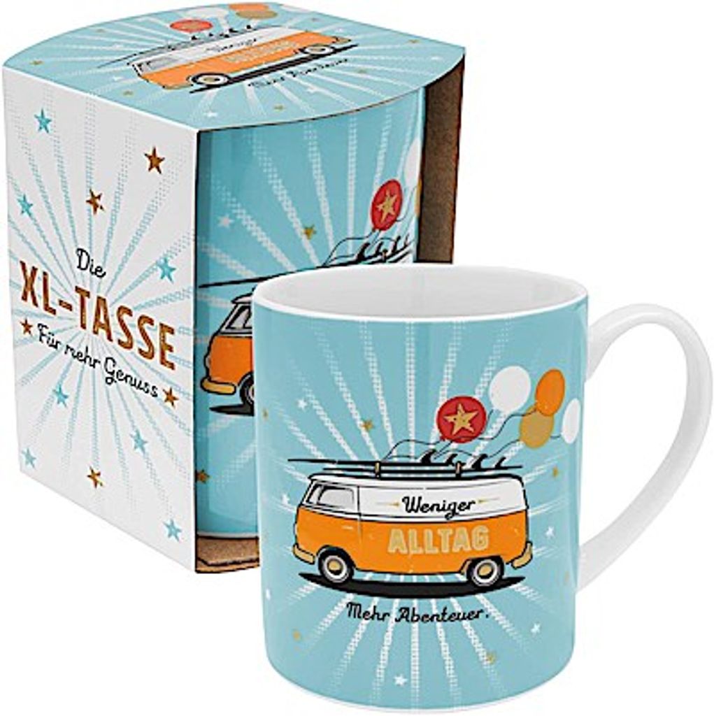 Kaffeetasse Teetasse XL- Motiv BUS \Weniger Alltag, mehr Abenteuer\" Porzellantasse, 60 cl, in Geschenkverpackung"