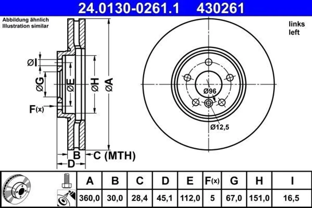 Disque de frein ATE 24.0130-0261.1 pour BMW Série 1 F40 et Mini F56