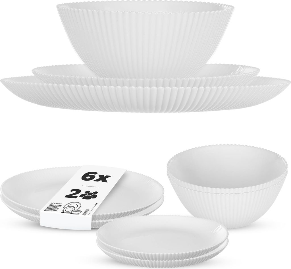 KADAX Geschirrset für 2 Personen, 6-teilig, weiße Tafelservice aus Opalglas mit Suppenschalen, Speisetellern & Desserttellern, Spülmaschinenfest...