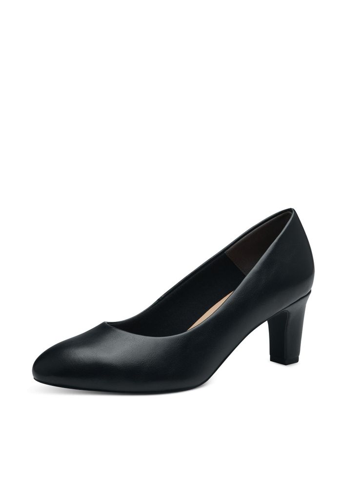 A single black pump shoe is shown against a white background.