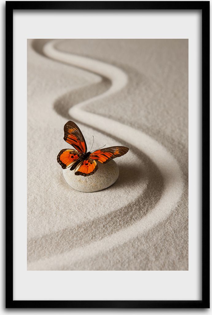 Bild - Bilderrahmen - 40 cm x 60 cm - MDF - Rahmen - Wandkunst - Zen Stein und Schmetterling