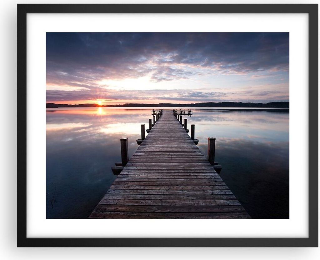 Gerahmtes Poster - Schwarzer Rahmen - Fußgängerbrücke See Sonnenuntergang Abend - 50x40 cm - Wand Bild - Wanddeko - Wandbilder - Wandposter - Bi...