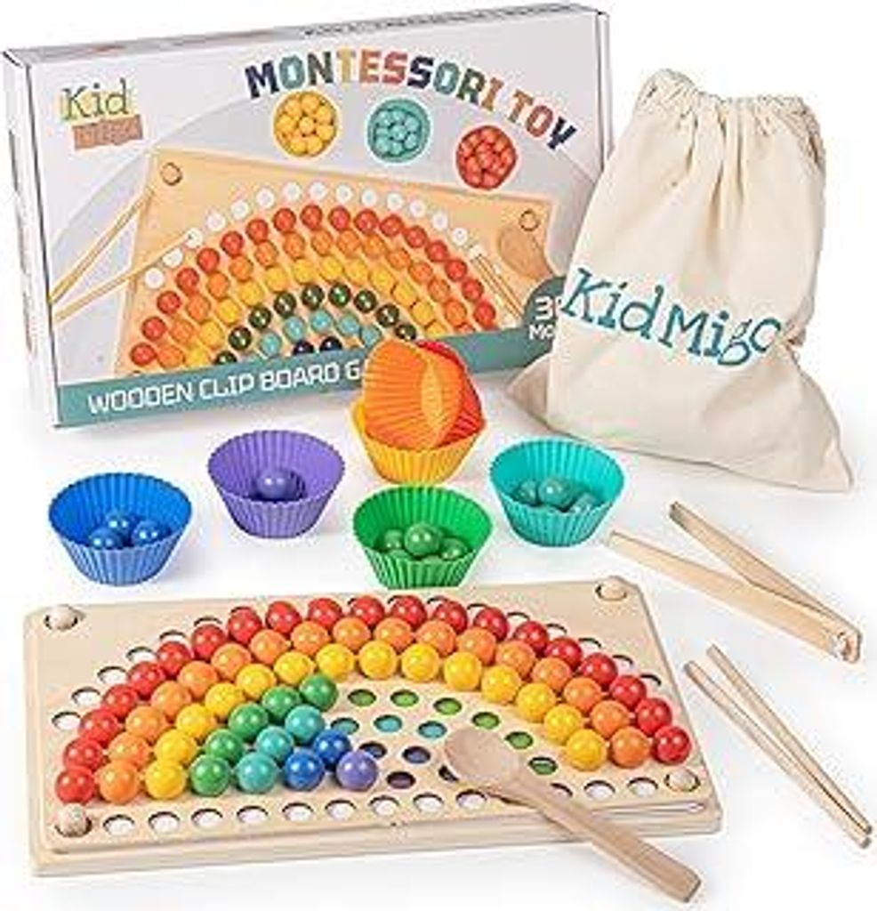KidMigo Montessori Spielzeug, Rainbow Bead Game, Holz Clip Brettspiel, Puzzle Board, Kinder Hände Augen Gehirn Training, Ab 3 Jahr, Vorschule Gesc...