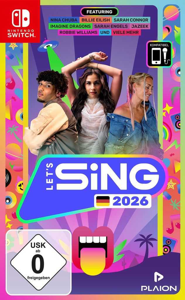 The image is a game box cover for 'Let's Sing 2026' on Nintendo Switch, featuring three artists and promotional text.