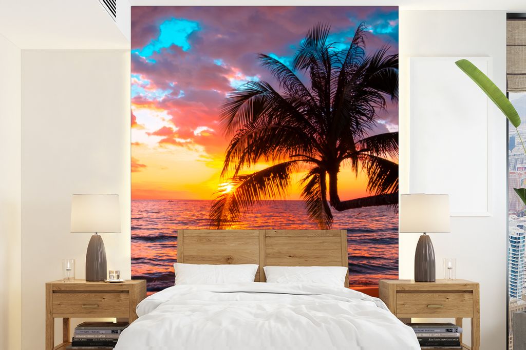 MuchoWow Fototapete für Wohnzimmer oder Schlafzimmer Wandtapete Vinyl Motivtapete Palme - Sonnenuntergang - Strand - Meer - Horizont - 160x220 c...