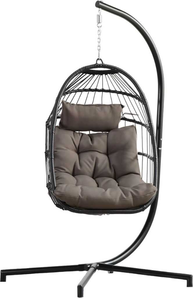 TOPANBIETER 999 Hängesessel Rope schwarz mit taupefarbenem Polyester-Sitzkissen und schwarzem Gestell - Hängeschaukel, Hängesitz, Indoor & Outdoor