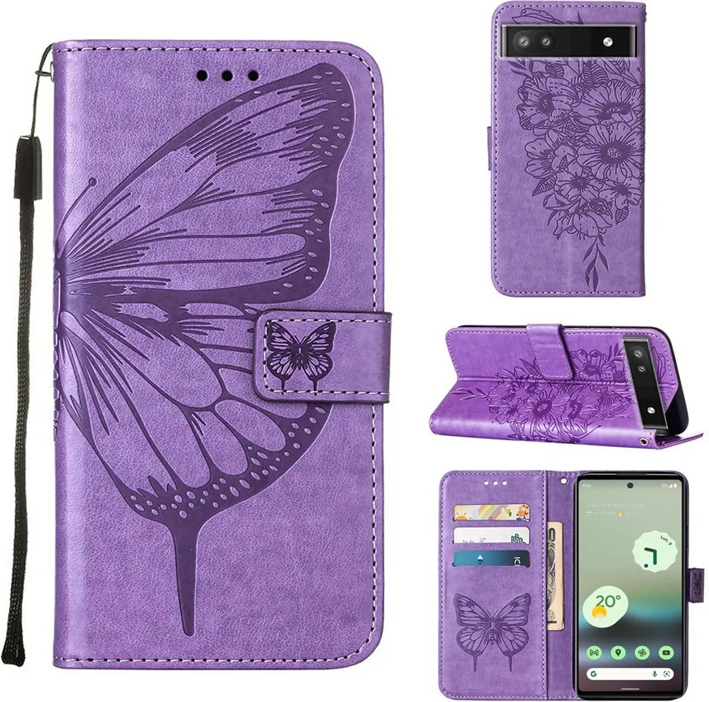 Custodia Google Pixel 6A Viola a Libro - Farfalla 3D in Pelle PU - 1