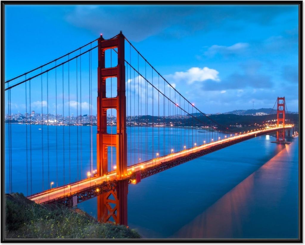Wallario Wandbild Golden Gate Bridge in San Francisco USA, Größe: 40,30 x 50,30 cm, Poster mit schwarzem Aluminiumrahmen