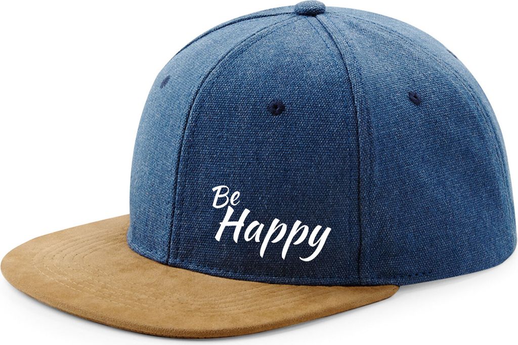Huuraa Cappy Mütze Be Happy Schriftzug Denim Baumwolle und Polyester Snapback Kappe Geschenkidee