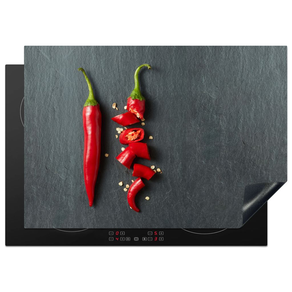 KitchenYeah Herdabdeckplatte Paprika - Rot - Gewürz - Grau - Grün , 75x52cm, Küche Deko, Glaskeramikkochfeld Herdabdeckung, Abdeckplatte fùr ...