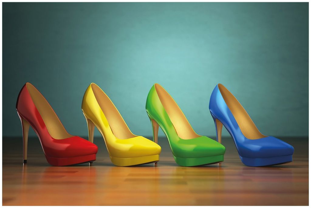 Wallario Premium Glasbild, freischwebende Optik, kräftige Farben, Größe 90 x 60 cm Motiv Bunte Schuhe - High Heels für Frauen