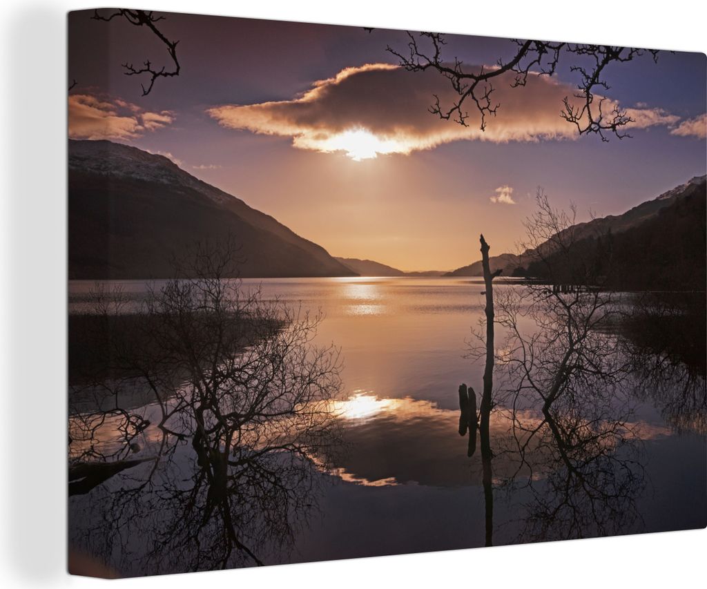 OneMillionCanvasses - Leinwandbilder - 140x90 cm, Farbenfroher Sonnenaufgang über dem See Loch Lomond in Schottland, Wandbilder Kunstdruck Wandd...