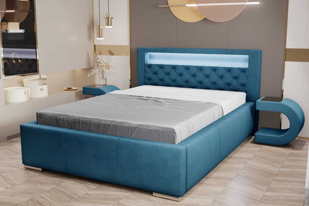 AGMAT Polsterbett TUNIS mit Kopfteil, 180 x 200 cm, Doppelbett mit Bettkasten und Lattenrost aus Metall, Velourstoff: Blau