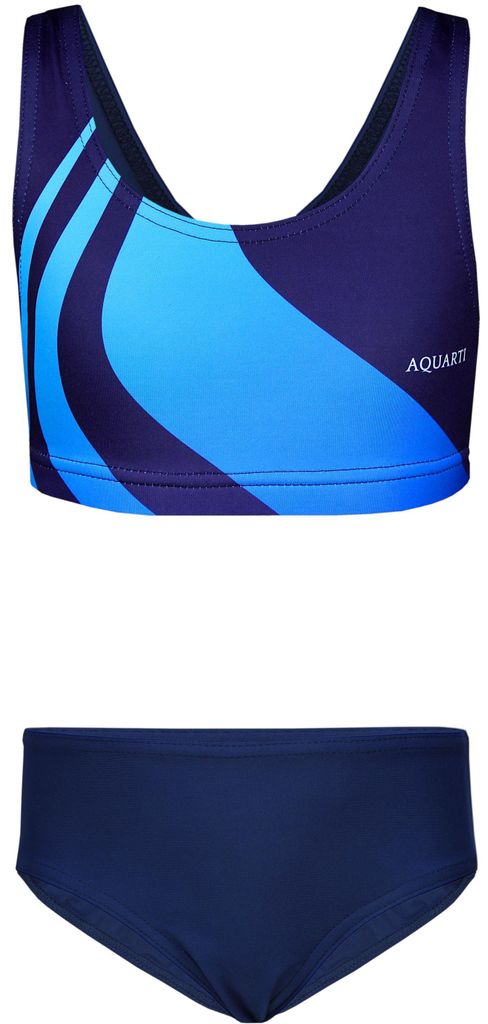 Aquarti Mädchen Sport Bikini Racerback Bustier & Bikinislip, Farbe: Wellen Blau Dunkelblau, Größe: 128