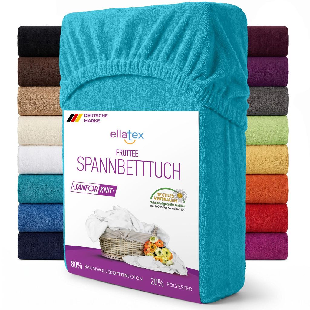 EllaTex Frottee Spannbettlaken 120x200 – 130x200 Baumwolle – weich & atmungsaktiv, Spannbetttuch elastisch, in Farbe: Türkis