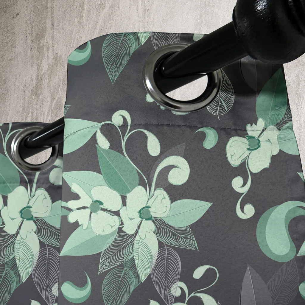 Rideau fleurs nostalgiques Gris Menthe Vert à œillets 2 Panneaux 280cm - 4