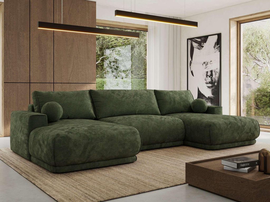 MKS MEBLE Ecksofa XXL Wohnlandschaft RINA U-Form Ecksofa mit Schlaffunktion & Wellenfederung, DL-Schlaffunktion - Dunkelgrün Schenille glatt