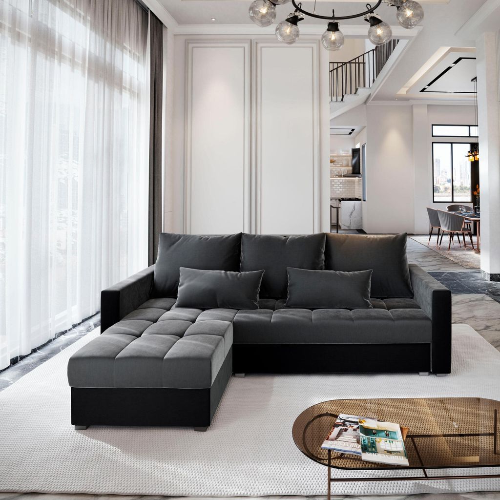 Masseno Ecksofa KOS PIK mit Schlaffunktion L-Form, Sofa mit Bettkasten, Wohnzimmersofa, Couch, Soffa, Bettsofa,- Grau + Schwarz, PAROS 06 + KRONOS 07