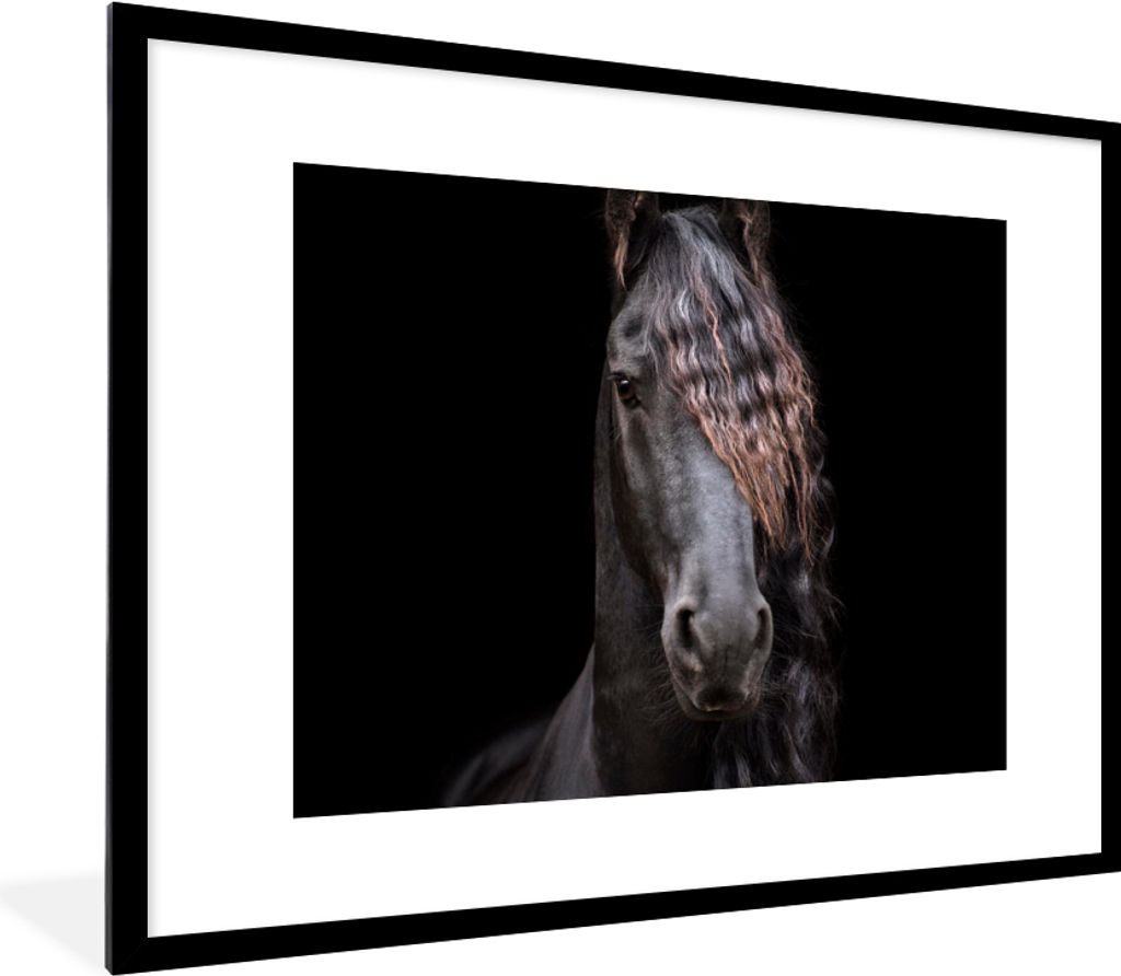 MuchoWow Gerahmtes Poster Pferde - Friesisch - Mähne - Schwarz - Tiere 80x60 cm - Poster mit Schwarzem Bilderrahmen Wandposter Rahmen Foto Bilde...