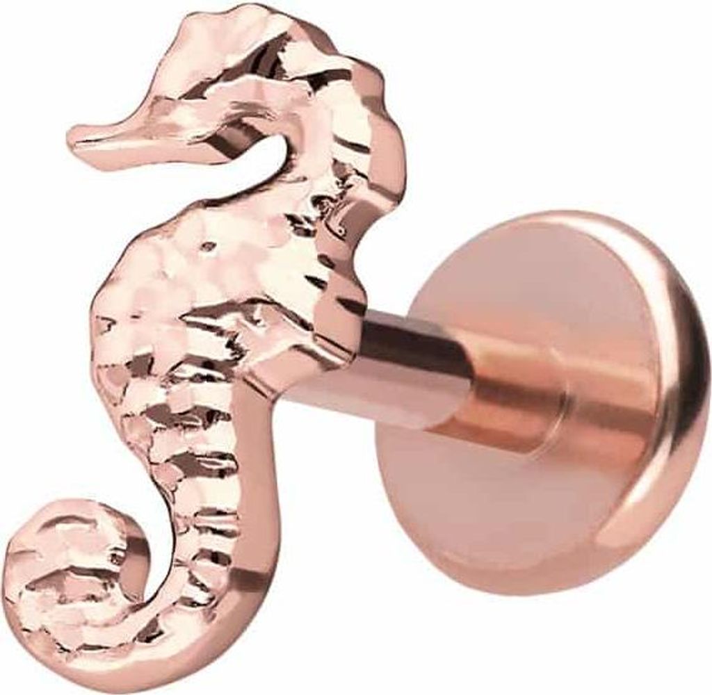 Ohrpiercing, Nasenpiercing Titan Labret mit Push Fit SEEPFERDCHEN RoséGold Stablänge: 6mm | Stabstärke: 1mm