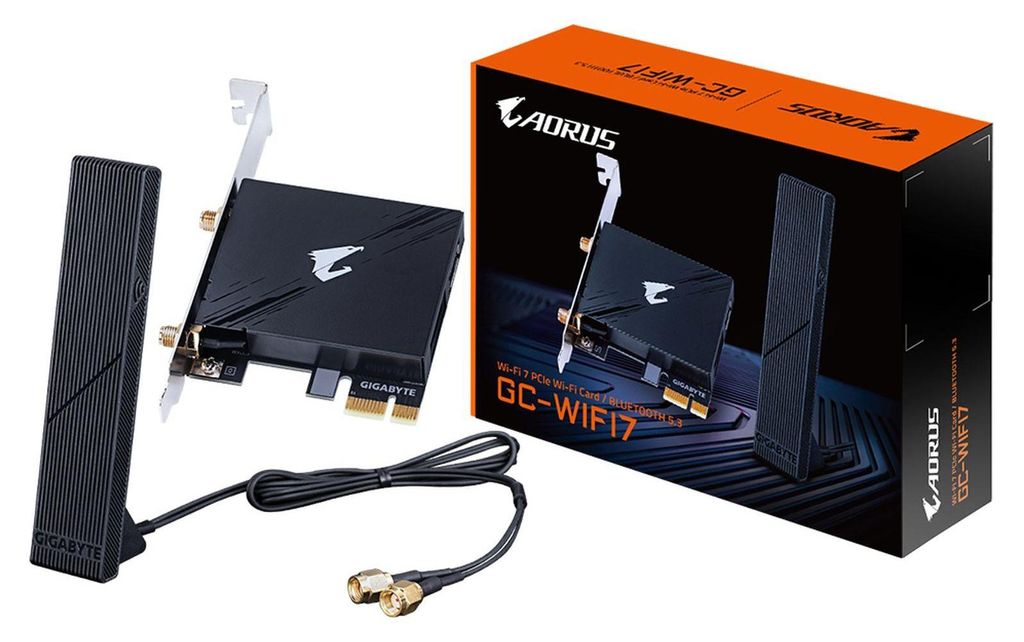 A Gigabyte GC-WIFI7 network card and its packaging are displayed on a white background.