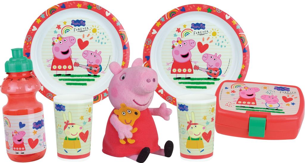 Geschirr Set: FUN HOUSE PEPPA PIG, 2 Speiseteller Ø 22 cm, 2 Gläser 220 ml, Trinkflasche 350 ml, Brotdose & Plüschtier 17 cm