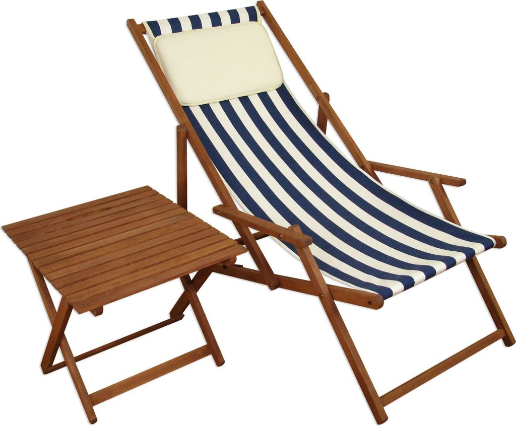 Liegestuhl blau-weiß Strandstuhl klappbar Tisch Kissen Buche Gartenliege Sonnenliege 10-317TKH