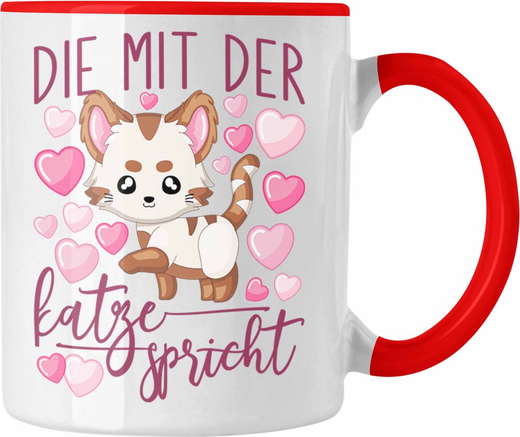 Trendation - Die Mit Der Katze Spricht Tasse Geschenk für Katzenmama Katzenbesitzerin Verrückte Katzenfrau (Rot)