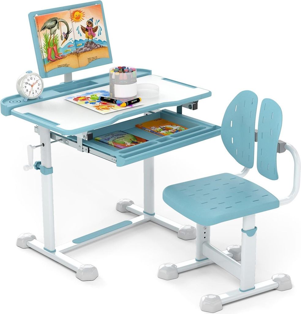Verstellbares Kinder-Schreibtisch- und Stuhlset mit neigbarer Tischplatte, Blau