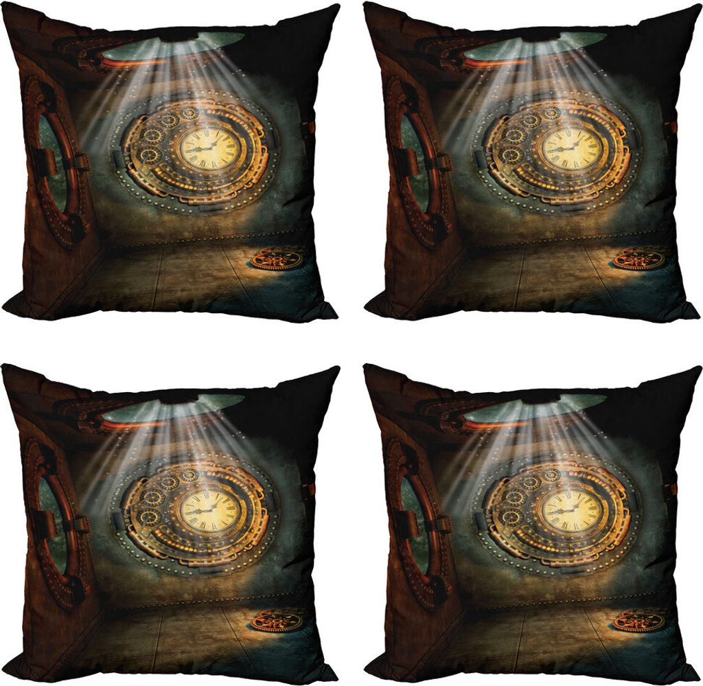 ABAKUHAUS Fantasie Kissenbezug Set (4 Stück), Clock Traum Sky Fiction, Moderner Doppelseitiger Digitaldruck, 45 cm x 45 cm, Brown und Teal