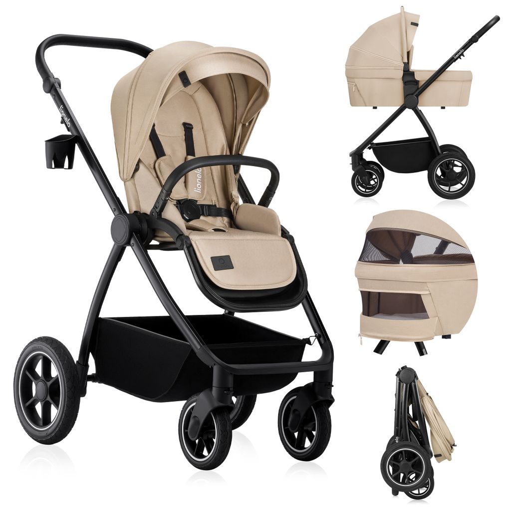 Lionelo Kombikinderwagen Meril 2in1 Babywanne bis zu 9 kg, 0-48 Monate bis zu 22 kg, Geländeräder 360°, Vollfederung, XXL-Verdeck - Beige