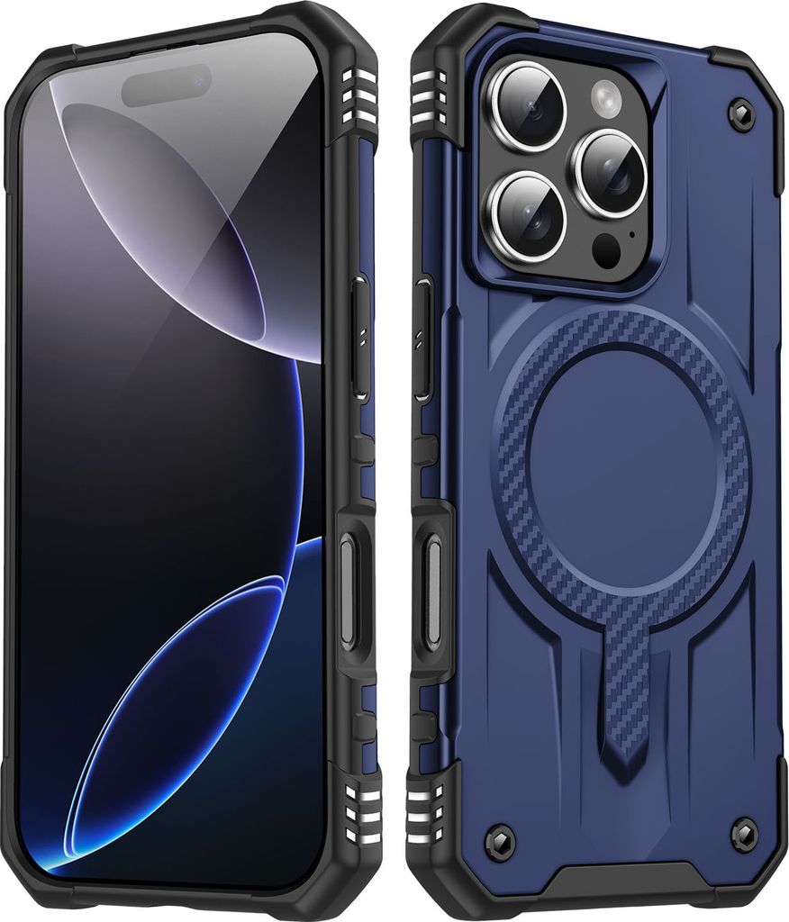 Magnetisch Hülle für iPhone 16 Pro, Dual Layer PC TPU Stoßfest Handyhülle Blau