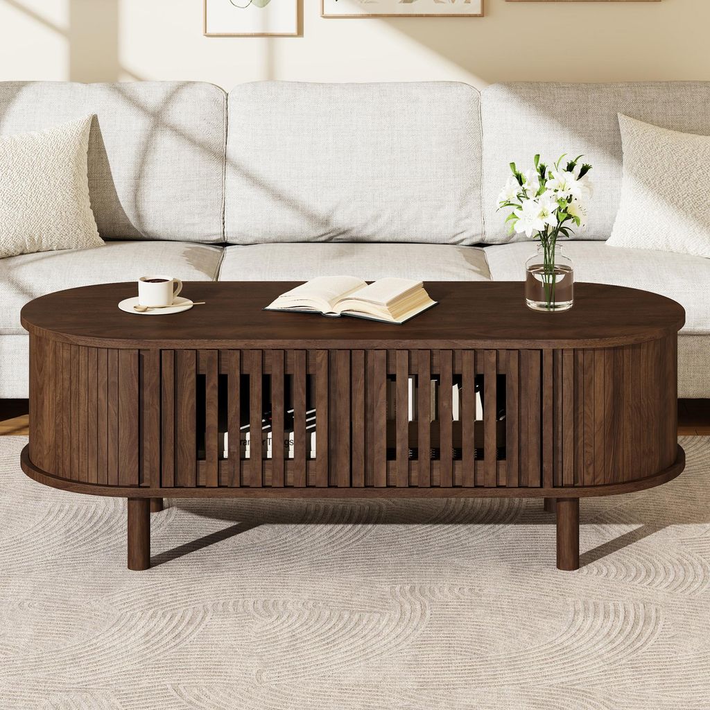 Table basse ovale Merax avec porte coulissante à stores, Image du produit 