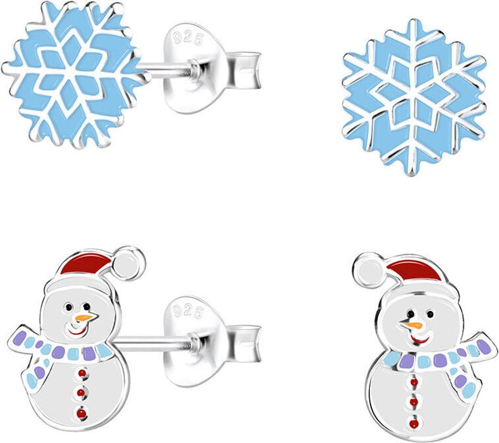 2er Set Weihnachtsohrringe Silber 925 Ohrstecker Schneemann & Schneeflocke