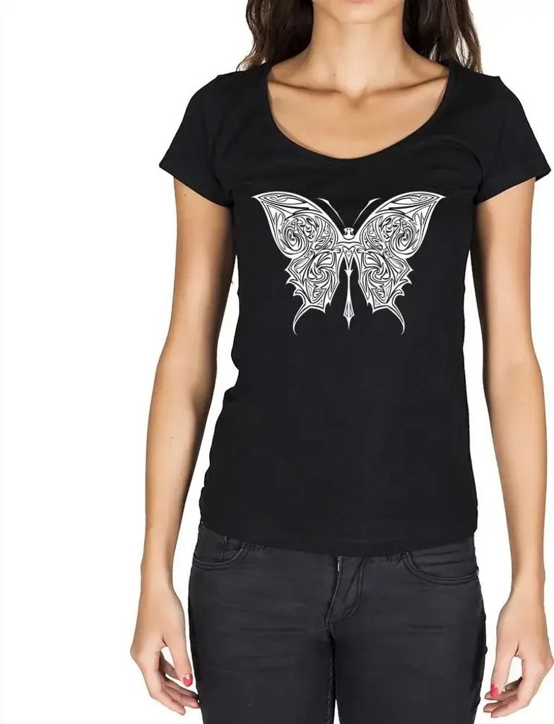 Damen Grafik T-Shirt Tribal Schmetterling Tattoo 1 – Tribal Butterfly Tattoo 1 – Öko-Verantwortlich Vintage Jahrgang Kurzarm Lustige Druck Geb...