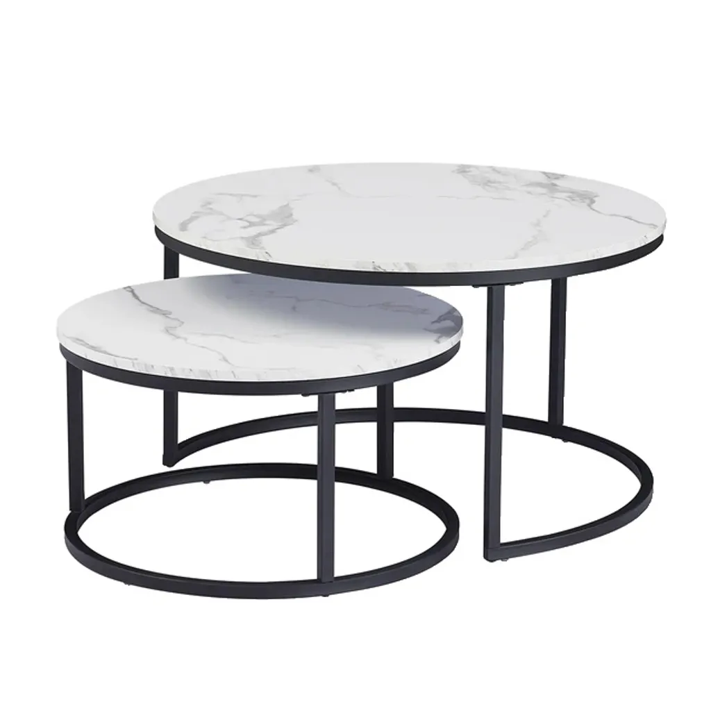 Tables basses gigognes de salon, marbre blanc et acier noir, lot de 2